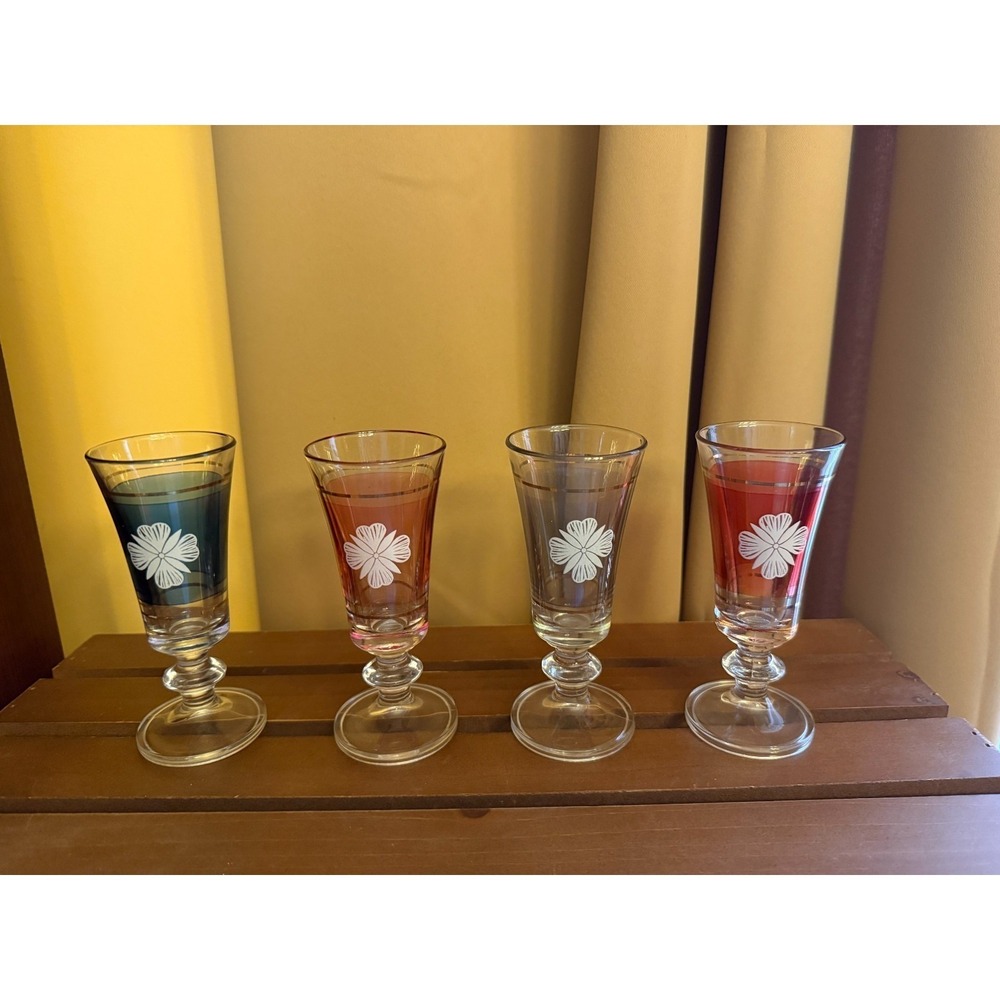 Vintage‎ Lubiana Cordial Glasses Set of 4 Multi Color Gold Trim Flower Motif